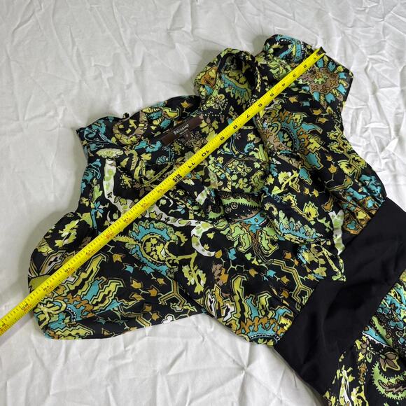 Y2k belissimo green and black  paisley print dress with black ribbon belt SIZE S - Picture 3 of 8